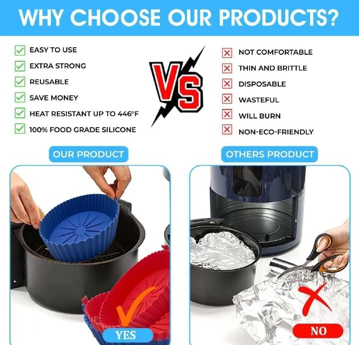 6.7 inch reusable silicone air fryer baskets; heat-resistant simple to clean. Silicone Pot for Air Fryer Oven Accessories, (Blue + Red)