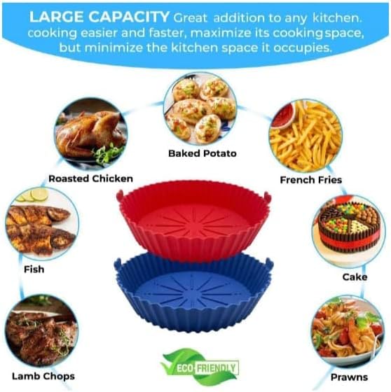 6.7 inch reusable silicone air fryer baskets; heat-resistant simple to clean. Silicone Pot for Air Fryer Oven Accessories, (Blue + Red)