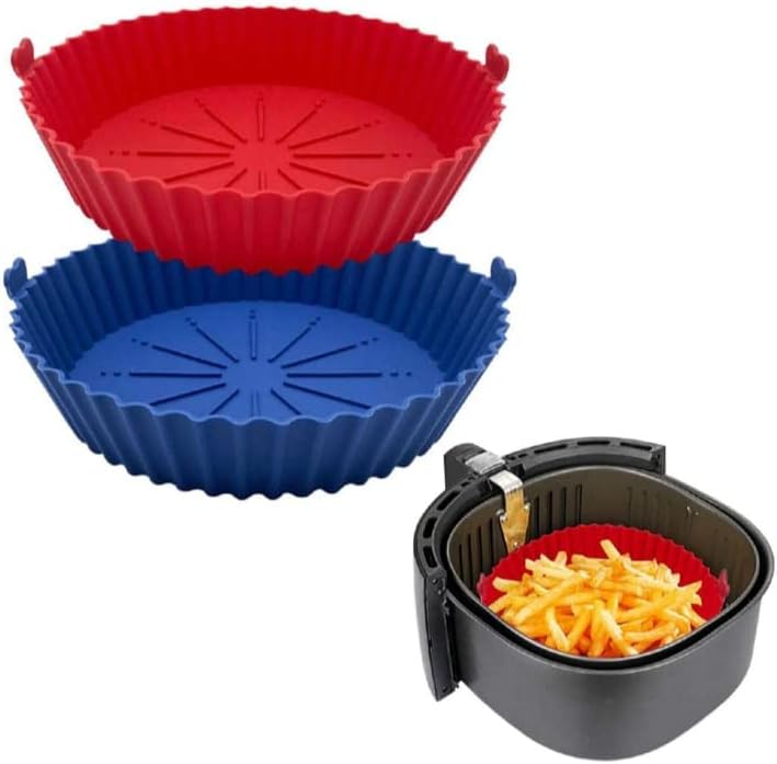 6.7 inch reusable silicone air fryer baskets; heat-resistant simple to clean. Silicone Pot for Air Fryer Oven Accessories, (Blue + Red)