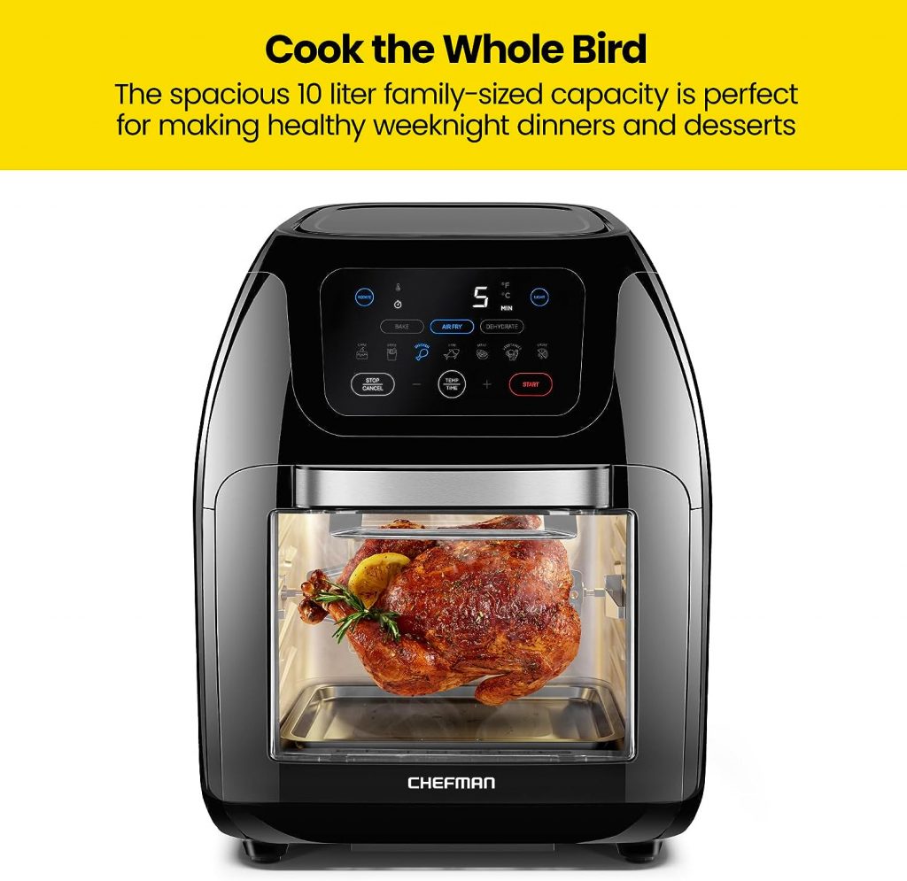 CHEFMAN Multifunctional Digital Air Fryer+ Rotisserie, Dehydrator, Convection Oven, 17 Touch Screen Presets Fry, Roast, Dehydrate, Bake, XL 10L Family Size, Auto Shutoff, Large Easy-View Window, Black