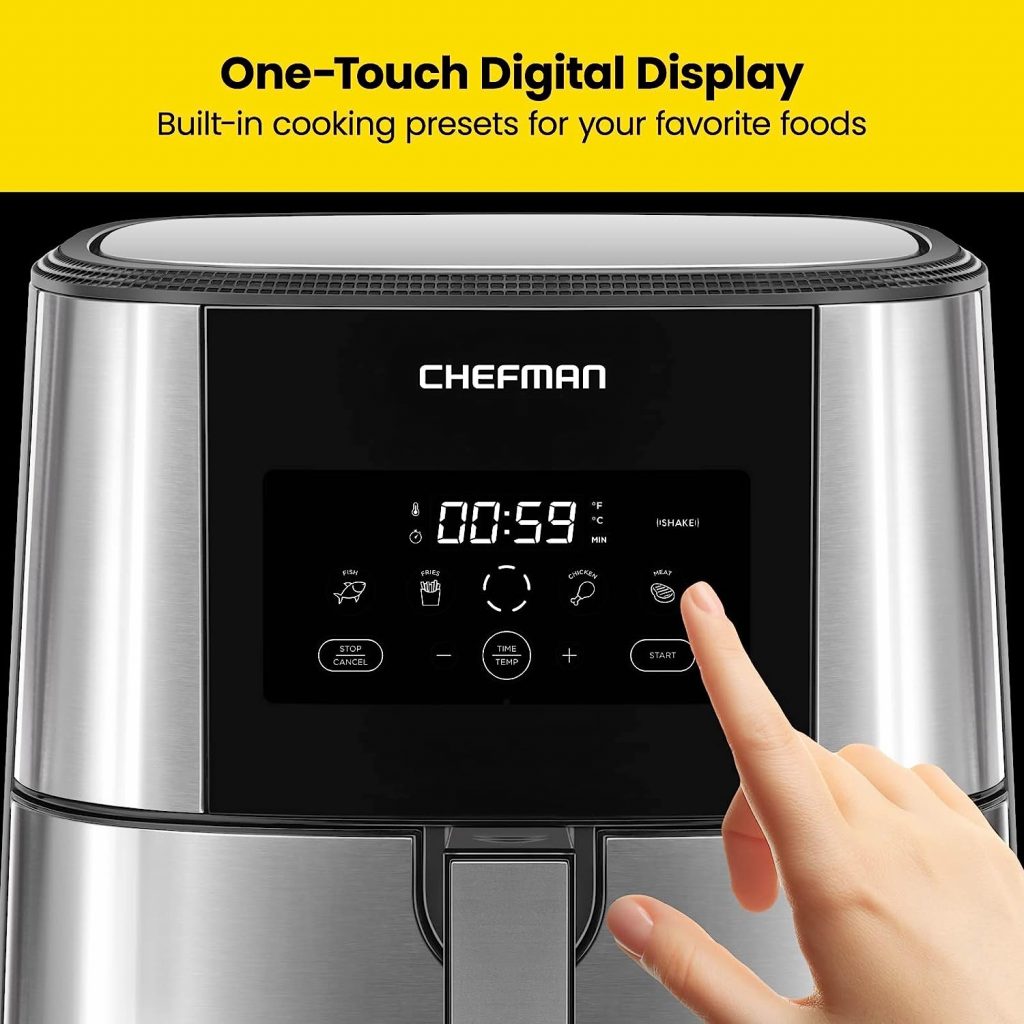 Chefman TurboFry® Touch Air Fryer, XL 8-Qt Family Size, One-Touch Digital Control Presets, French Fries, Chicken, Meat, Fish, Nonstick Dishwasher-Safe Parts, Automatic Shutoff, Stainless Steel