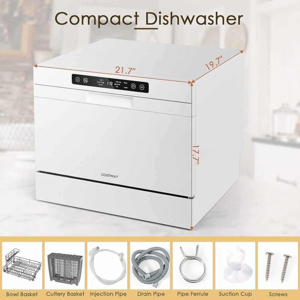 COSTWAY Countertop Dishwasher, Compact Built-In Dishwasher with 6 Places Settings, 5 Washing Programs, 360° Top  Lower Spray Arms and 24 H Timer, Portable Dishwasher for Apartments, Dorms, RVs, White