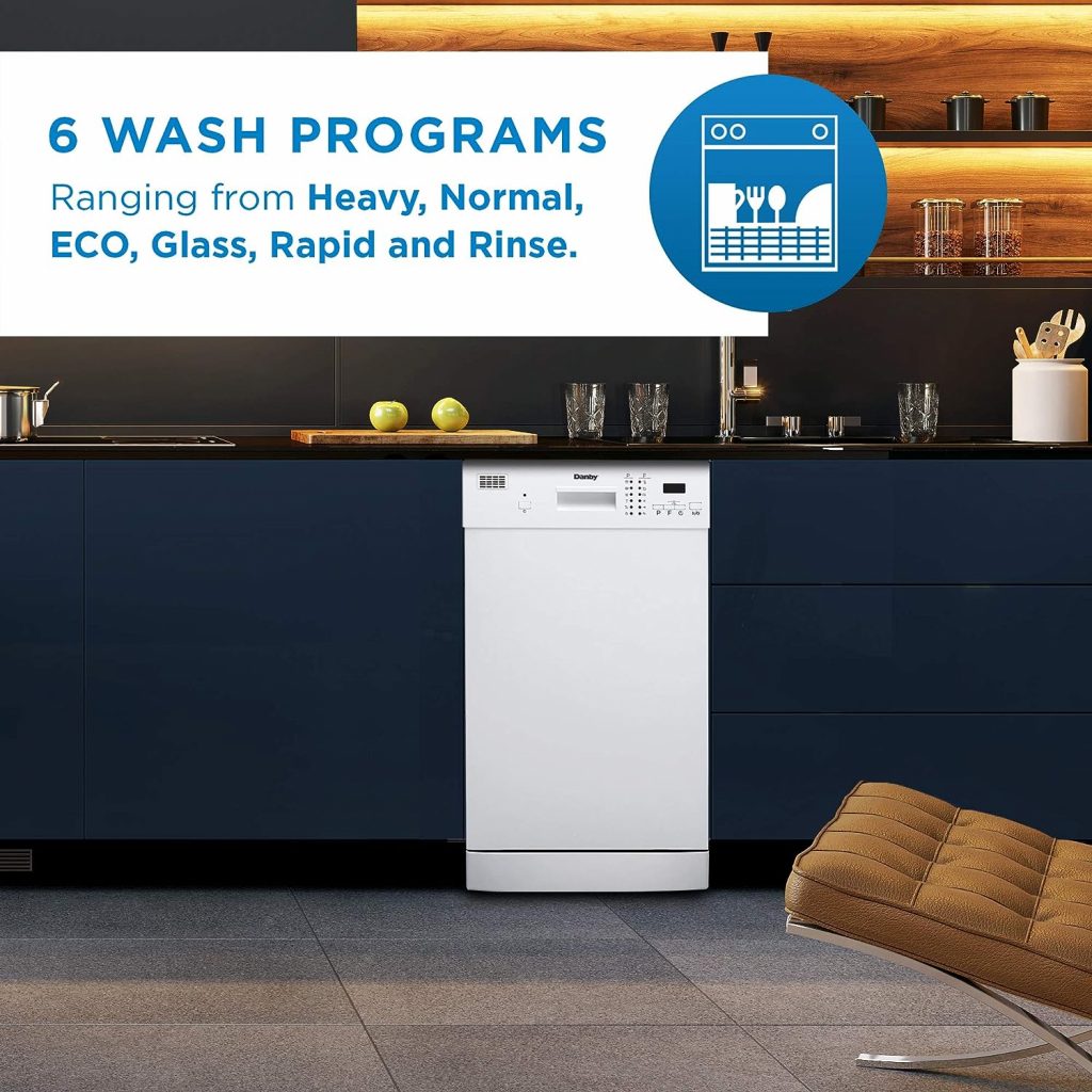 Danby 18 Inch Built in Dishwasher, 8 Place Settings, 6 Wash Cycles and 4 Temperature + Sanitize Option, Energy Star Rated with Low Water Consumption and Quiet Operation - White (DDW1804EW)