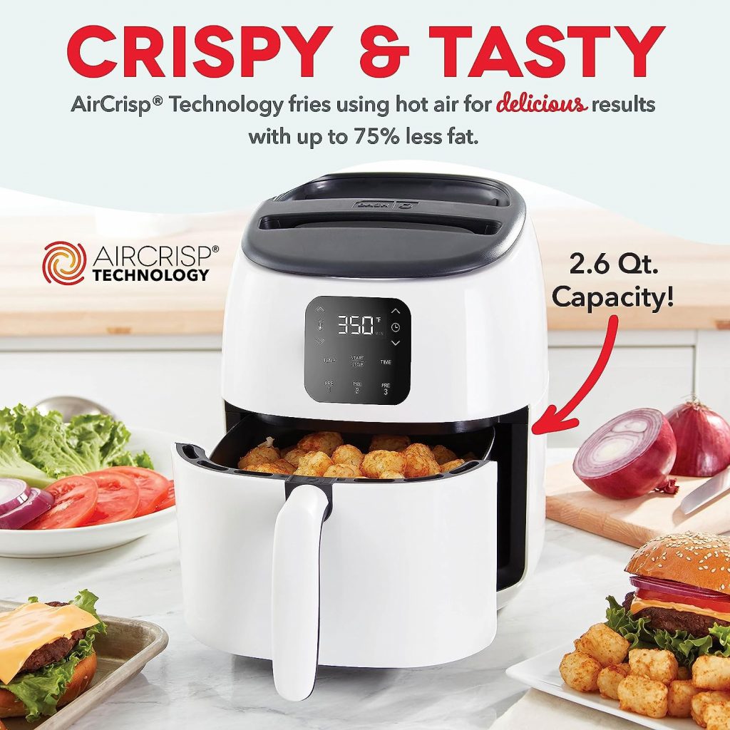 DASH Tasti-Crisp™ Digital Air Fryer with AirCrisp Technology, Custom Presets, Temperature Control, and Auto Shut Off Feature, 2.6 Quart - White