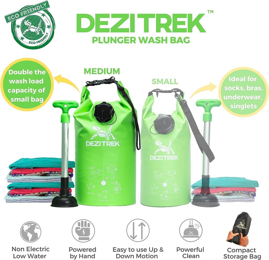 Dezitrek All in One Hand Wash Bag and Plunger Set - Off Grid Washing Machine Non Electric for Camping Travel | Eco Friendly Portable Manual Clothes Washer Laundry Bag for RVs (Medium)