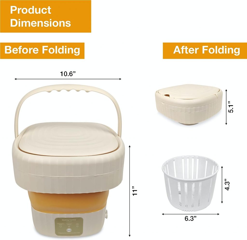 Foldable Washing Machine with Drain Basket and 2 Hangers - Mini Portable Washing Machine, Mini Washer, Portable Washer Machine - 6L Capacity, Plugin, Natural Cream Color - Perfect for Compact Living