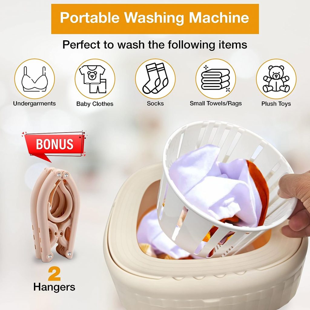 Foldable Washing Machine with Drain Basket and 2 Hangers - Mini Portable Washing Machine, Mini Washer, Portable Washer Machine - 6L Capacity, Plugin, Natural Cream Color - Perfect for Compact Living