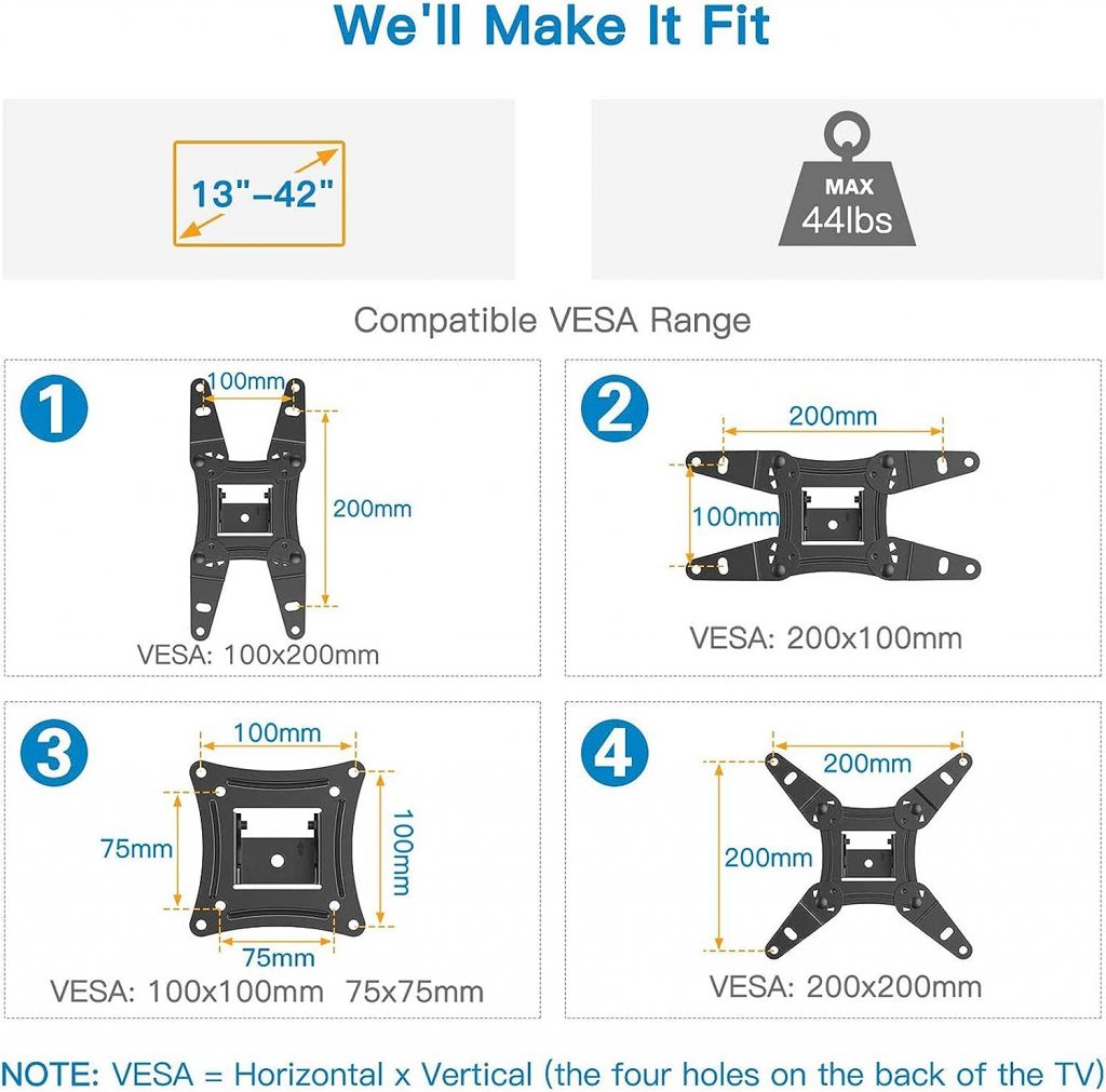 Full Motion TV Monitor Wall Mount Bracket Articulating Arms Swivels Tilts Extension Rotation for Most 13-42 Inch LED LCD Flat Curved Screen TVs  Monitors, Max VESA 200x200mm up to 44lbs by Pipishell