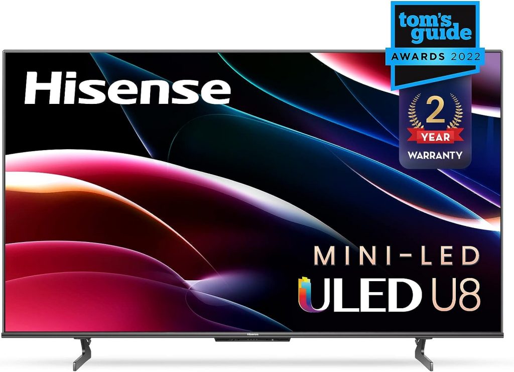 Hisense U8H QLED Series Quantum 4K ULED Mini-LED 65-Inch Class Google Smart TV, 1500-nit HDR10+, and Dolby Vision (65U8H, 2022 Model), Black  HS214 2.1ch Sound Bar, 108W,Black