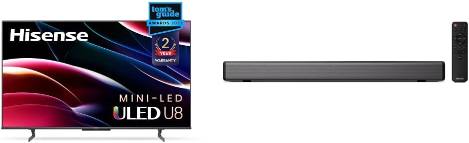 Hisense U8H QLED Series Quantum 4K ULED Mini-LED 65-Inch Class Google Smart TV, 1500-nit HDR10+, and Dolby Vision (65U8H, 2022 Model), Black  HS214 2.1ch Sound Bar, 108W,Black