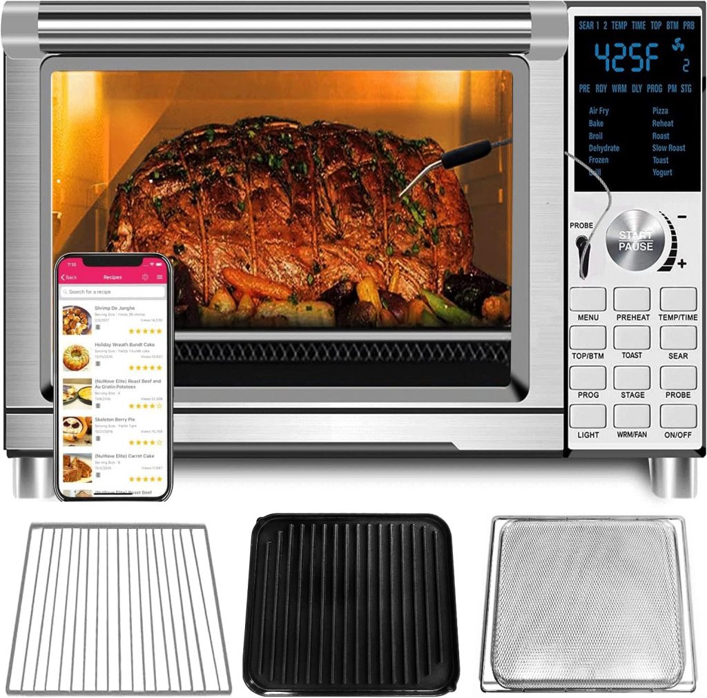 Nuwave Bravo XL Air Fryer Toaster Smart Oven, 12-in-1 Countertop Grill/Griddle Combo, 30-Qt XL Capacity, 50F-500F adjustable in precise 5F increments. Integrated Smart Thermometer, Linear T Technology