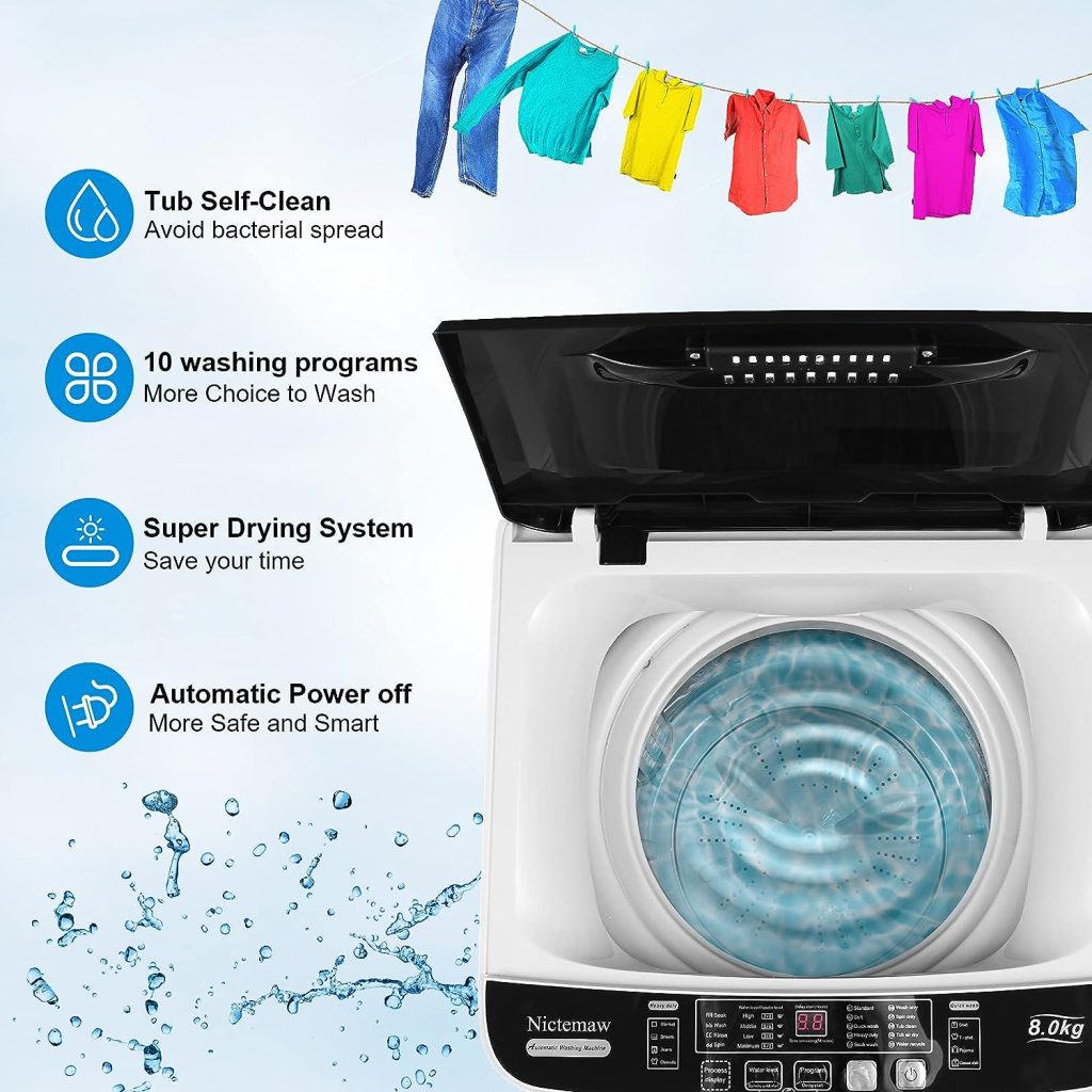 Portable Washer Nictemaw 17.8Lbs Capacity Full-Automatic Washer Machine 2.3 Cu.ft 2 in 1 Compact Laundry Washer with Drain Pump/10 Programs 8 Water Level Selections/LED Display Washer and Dryer Combo for Home,Apartment,RV