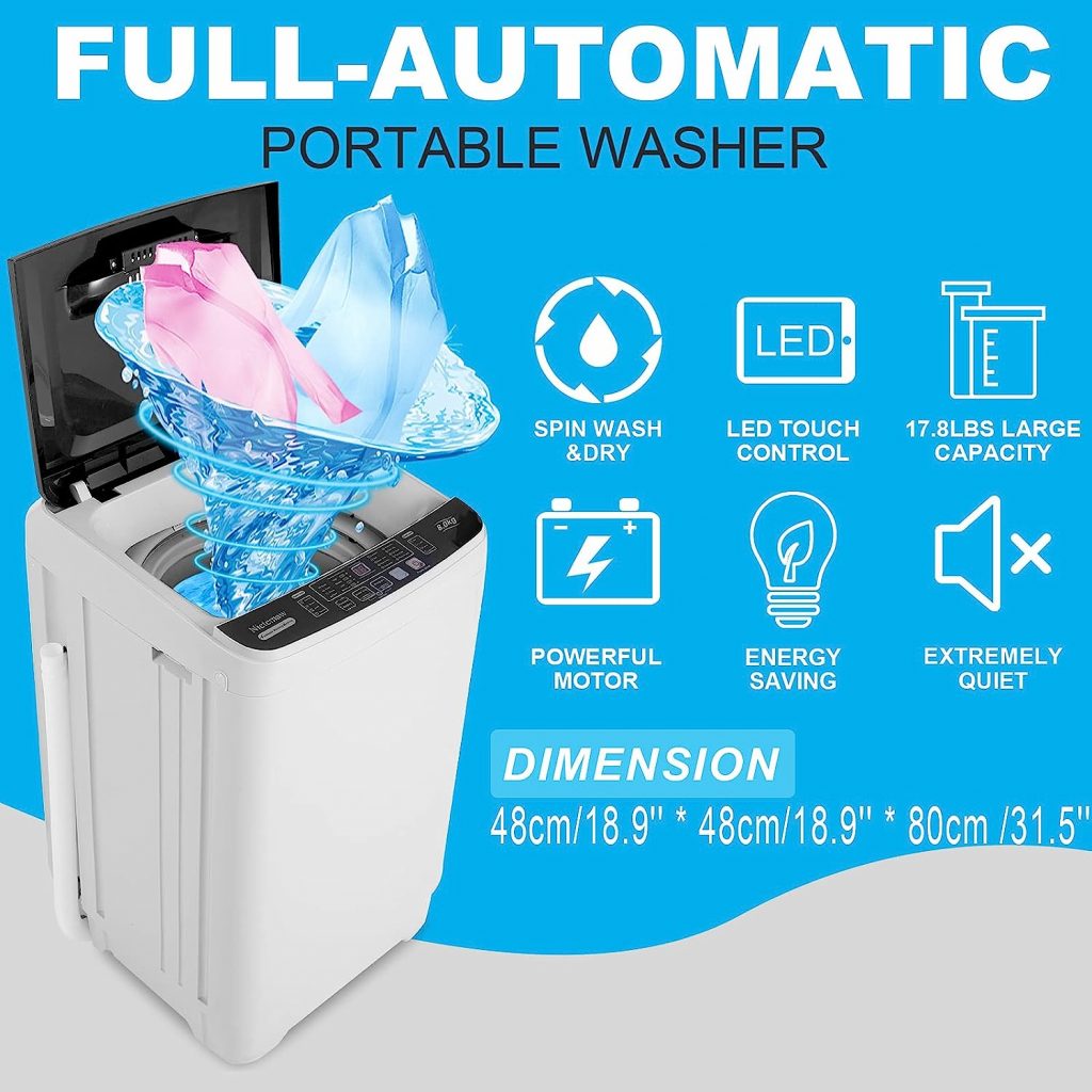 Portable Washer Nictemaw 17.8Lbs Capacity Full-Automatic Washer Machine 2.3 Cu.ft 2 in 1 Compact Laundry Washer with Drain Pump/10 Programs 8 Water Level Selections/LED Display Washer and Dryer Combo for Home,Apartment,RV