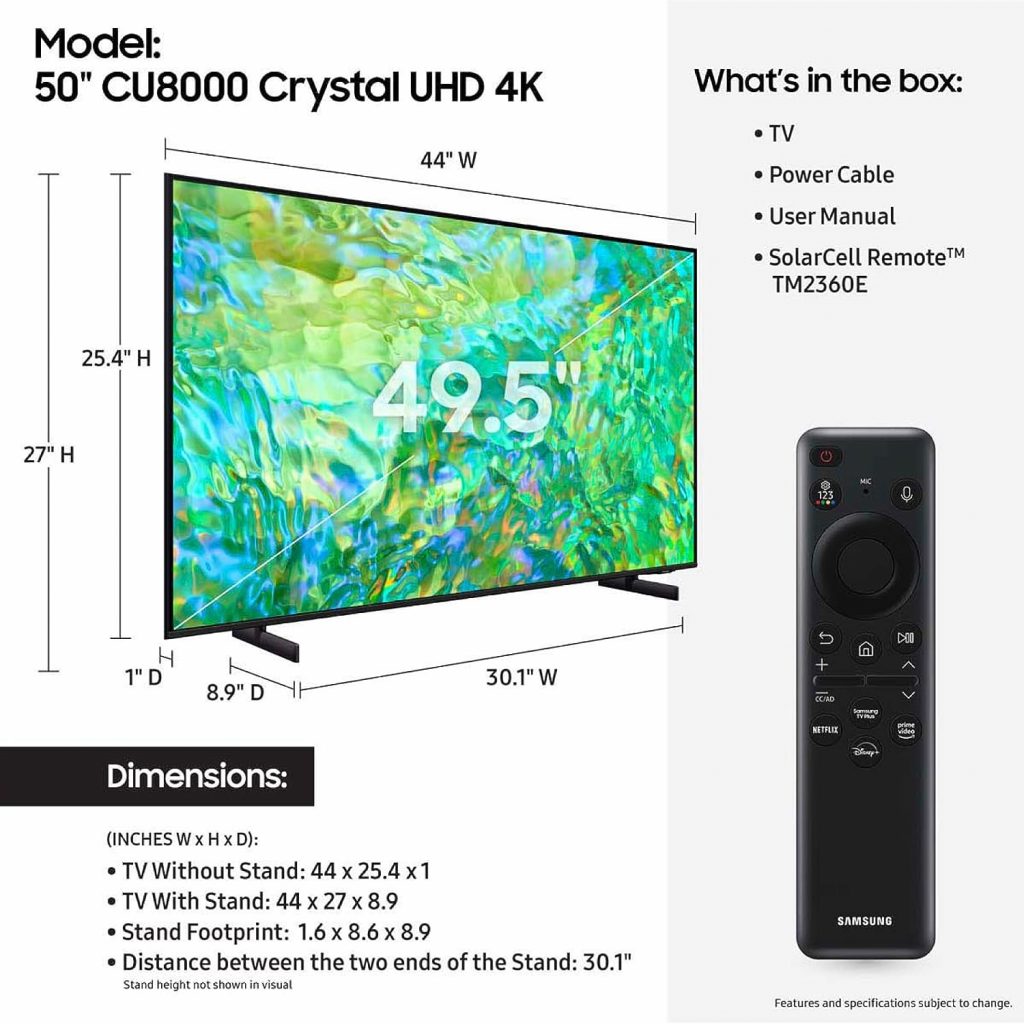 SAMSUNG 50-Inch Class Crystal UHD 4K CU8000 Series PurColor, Object Tracking Sound Lite, Q-Symphony, Motion Xcelerator, Ultra Slim, Solar Remote, Smart TV with Alexa Built-in (UN50CU8000, 2023 Model)