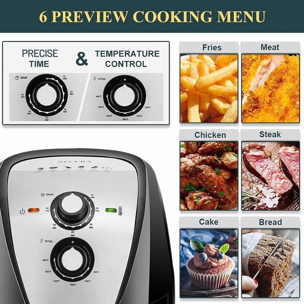 Secura Air Fryer XL 5.3 Quart 1700-Watt Electric Hot Air Fryers Oven Oil Free Nonstick Cooker w/Recipes for Frying, Roasting, Grilling, Baking (Silver)