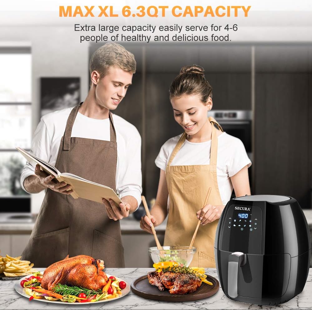 Secura Max 6.3Qt Air Fryer, 1700W Digital Hot Air Fryer | 10-in-1 Oven Oilless Electric Cooker w/Preheat  Shake Remind, 8 Cooking Presets, Nonstick Basket, ETL Listed