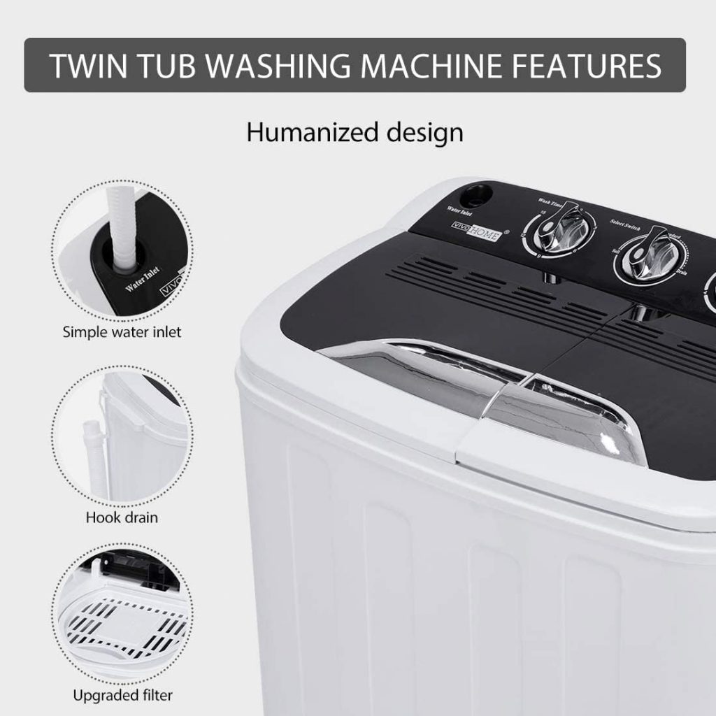 VIVOHOME Portable Electric 2 in 1 Twin Tub Mini Laundry Washer and Spin Dryer Combo Washing Machine with Drain Hose for Apartments 13.5lbs Black White