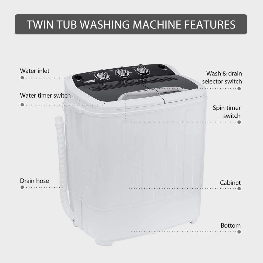 VIVOHOME Portable Electric 2 in 1 Twin Tub Mini Laundry Washer and Spin Dryer Combo Washing Machine with Drain Hose for Apartments 13.5lbs Black White